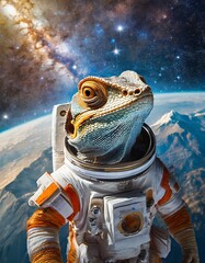 A chamelon, lizard, gecko or reptile in astronaut suit in space 