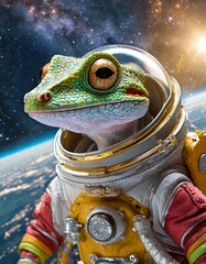 A chamelon, lizard, gecko or reptile in astronaut suit in space 