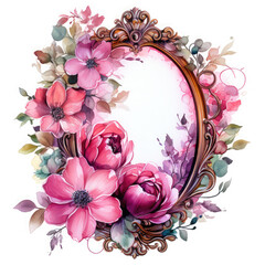 Watercolor Artistic Pink Framed Mirror Illustration, Generative Ai