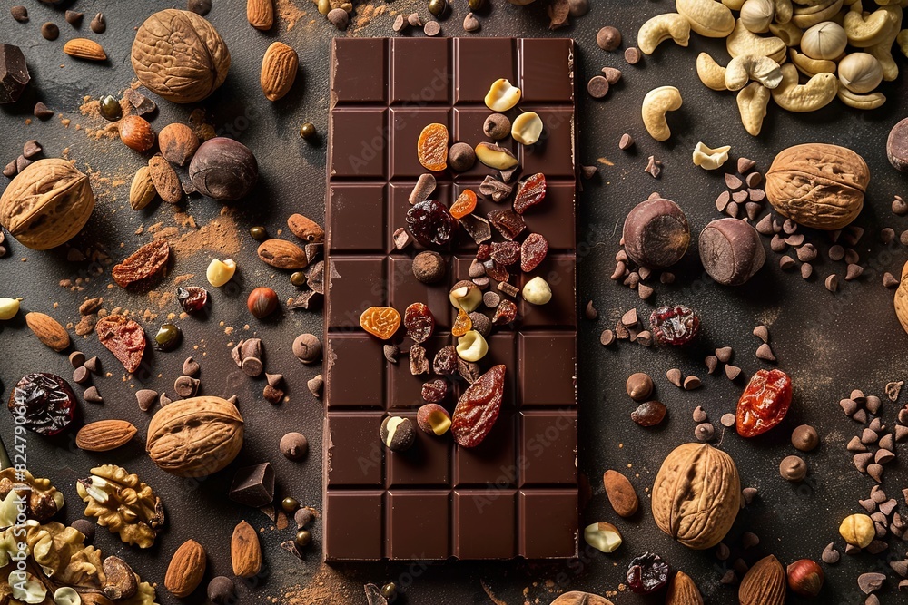 Aufkleber A luxurious chocolate bar richly adorned with an assortment of nuts and dried fruits, creating a visually appealing and appetizing display. Generative AI