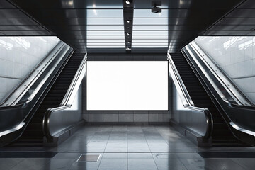 Digital screen billboard mockup in the urban subway environment, with escalators, blank space to display your advertising or branding campaign