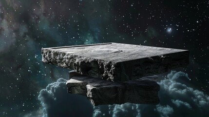 A large, flat rock formation floating in space with a starry background