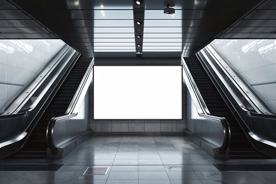 Digital screen billboard mockup in the urban subway environment, with escalators, blank space to display your advertising or branding campaign