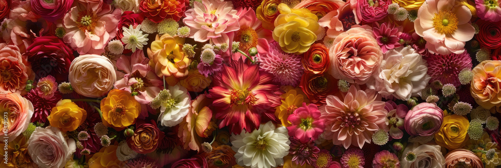 Poster various flowers in different colors and sizes are neatly placed against a wall, creating a lively an