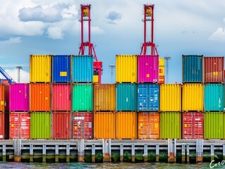 Fototapeta premium Vibrant Views: Coode Island's Colorful Shipping Containers and High Rise Cranes