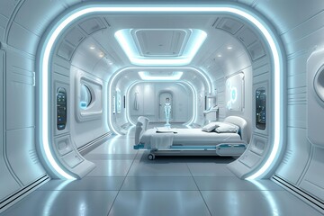 Futuristic sci-fi medical room with advanced technology, sleek design, and modern equipment. Bright, sterile, and high-tech environment.