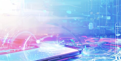 Futuristic 5G cell phone with holographic interface and glowing tech background