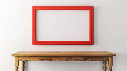 Artistic studio with a bold red frame mockup under a minimalist wooden table, pure white wall.