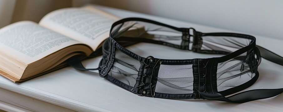 Black mesh underbust girdle on a table next to an open book