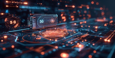 Futuristic technology interface with 5G network and digital data holograms