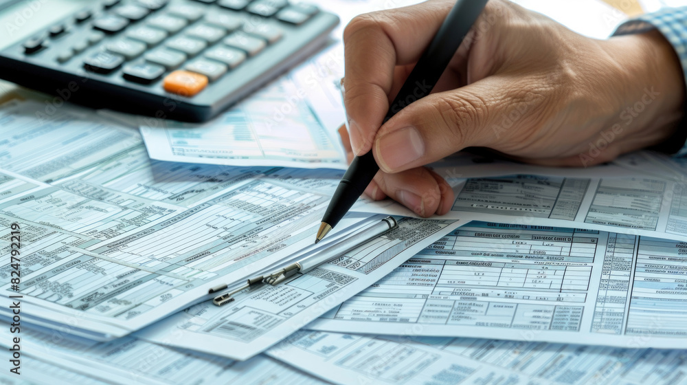 Aufkleber a person sitting at a table using a pen and calculator to work on calculations