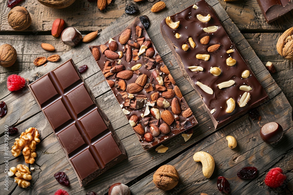 Aufkleber A bar of chocolate surrounded by nuts and cranberries on a textured wooden table. Generative AI