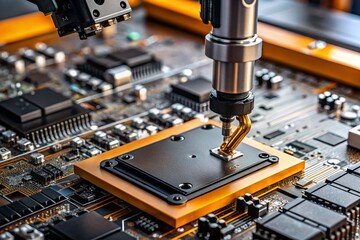 Fototapeta premium Automated production of electronic devices. Modern robotic manipulators on the assembly line of chips and printed circuit boards at a modern electronics factory. Installing components on the board.
