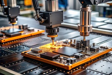 Fototapeta premium Automated production of electronic devices. Modern robotic manipulators on the assembly line of chips and printed circuit boards at a modern electronics factory. Installing components on the board.