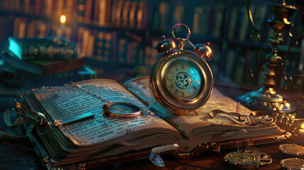 Fototapeta premium An open book sits on a wooden table, pages slightly turned, under ambient lighting