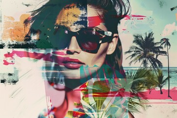 a stylish woman in sunglasses, juxtaposed with tropical landscapes. Vibrant graphic elements infuse the scene with color and artistic energy