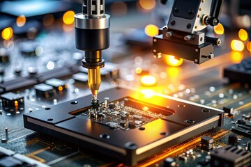 Fototapeta premium Automated production of electronic devices. Modern robotic manipulators on the assembly line of chips and printed circuit boards at a modern electronics factory. Installing components on the board.