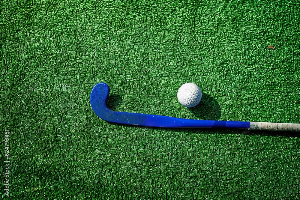 Wall mural Field hockey stick and balls on green grass. Horizontal sport theme poster, greeting cards, headers,