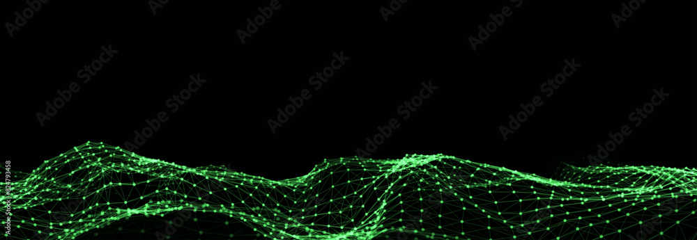 Poster abstract technology wave of particles. big data visualization. vector dark background with motion do