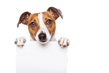 A cute dog holds a blank piece of paper, providing an empty space for text. The image is set against a solid white background, ideal for customizable designs