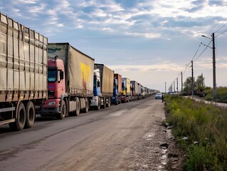 Obraz premium Ukrainian Port Paralysis: Crisis Looms as Trucks Packed with Grain Crops Line Up, Blocked by War