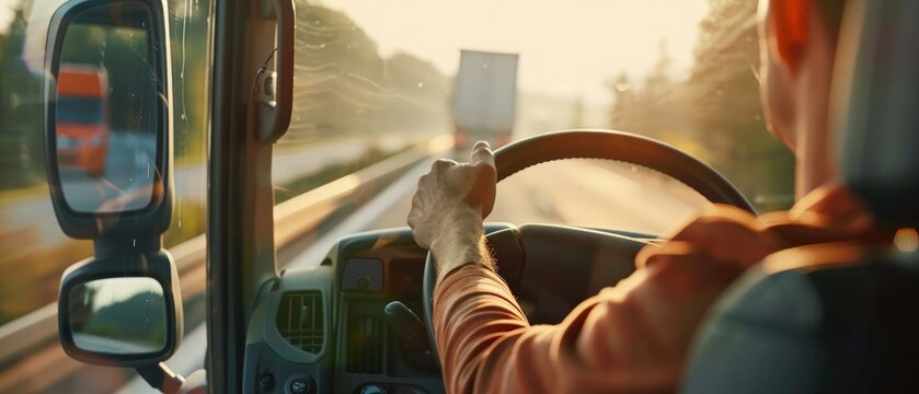 An adult truck driver is behind the wheel, driving their truck on the road, epitomizes the essential role of transportation and the skilled work of drivers in keeping goods moving