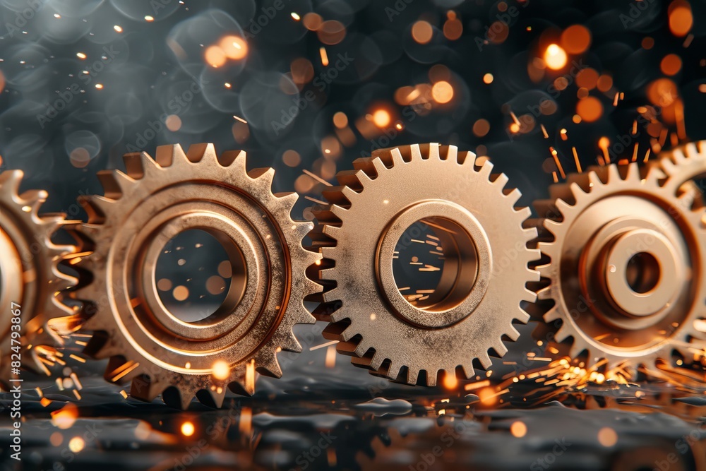 Poster dynamic synchronized gears in fiery motion with sparks, blurred background, space for text
