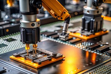 Fototapeta premium Automated production of electronic devices. Modern robotic manipulators on the assembly line of chips and printed circuit boards at a modern electronics factory. Installing components on the board.