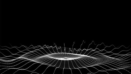 Futuristic circle wave. Vector dark cyberspace. Abstract music sound wave with dots. White moving particles on black background.