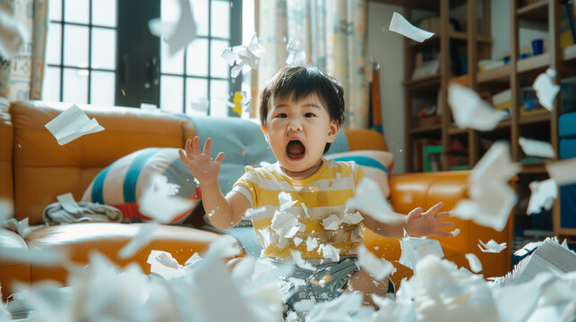 Young Boy Sitting in Messy Room