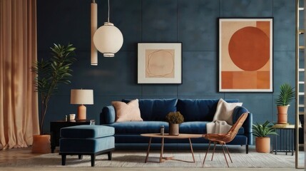 Blue sofa and terra cotta lounge chair against wall with two art posters Minimalist home interior design of modern living room