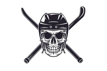 Skull in helmet and crossed hockey sticks. Black and white icon. White background. Isolated objects.