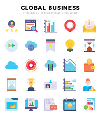 Set of 25 Global Business Flat Icons Pack.