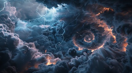 Dramatic storm clouds with lightning and a spiral vortex, showcasing intense weather phenomena and natural power in a captivating scene.