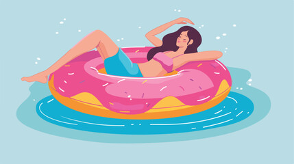 Woman resting on inflatable donut. Cartoon summer joy
