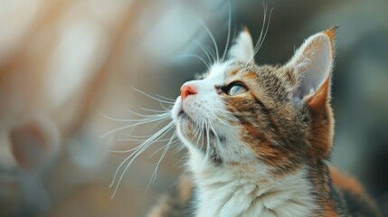 A cute cat with a heart-shaped marking on its fur, looking up with a sweet, innocent gaze.