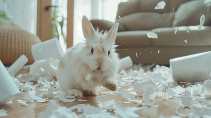 White Rabbit Running Through Shredded Paper
