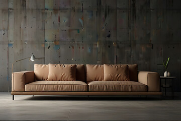 Modern Living Room Interior: Cozy Sofa Against Concrete Wall - 3D Rendered Design. Stylish Living Room Design: Modern Sofa and Concrete Wall Decor - 3D Rendered Interior