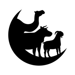 sacrifice animals silhouette in crescent illustration for Eid al-Adha celebration design.