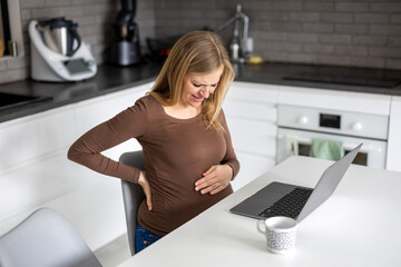 Pregnant woman working with laptop at home
