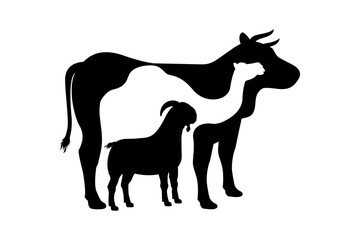 Eid al-Adha sacrifice animal silhouette vector illustration. Cow, camel, and goat silhouette in negative space style