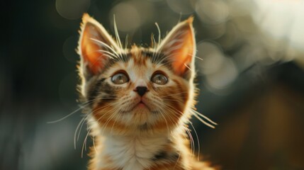 Fototapeta premium A cute cat with a heart-shaped marking on its fur, looking up with a sweet, innocent gaze.