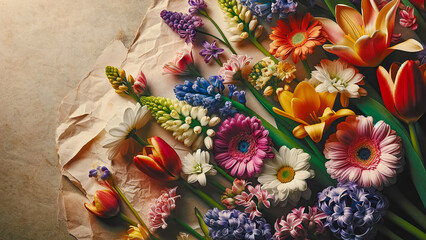 spring flowers arranged on a paper background.