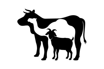 Eid al-Adha sacrifice animal silhouette vector illustration. Cow, camel, and goat silhouette in negative space style