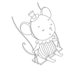 Cute baby circus mouse on swing. Funny animal. Hand drawn isolated baby outline illustration for coloring book.