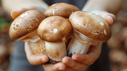 Freshly Picked Champignon Mushrooms in hand. Healthy organic food