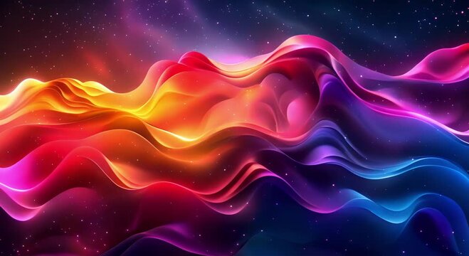 A painting of colorful abstract waves against a starry night sky.