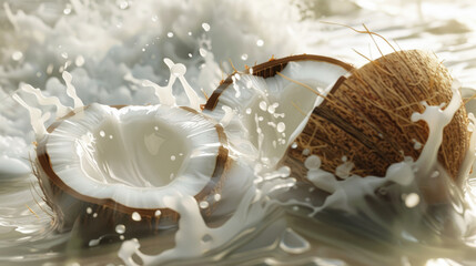 Splashed Coconut. Ripe coconut broken and coconut water flowing out, horizontal