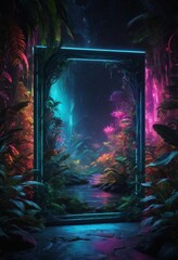 Fototapeta premium neon frame in the jungle with plants and plants