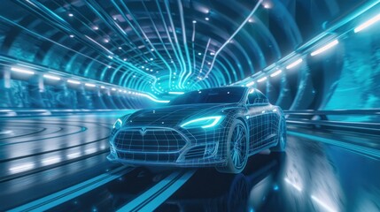 Futuristic modern blue electric car rides through bright blue neon tunnel highway. Generate AI